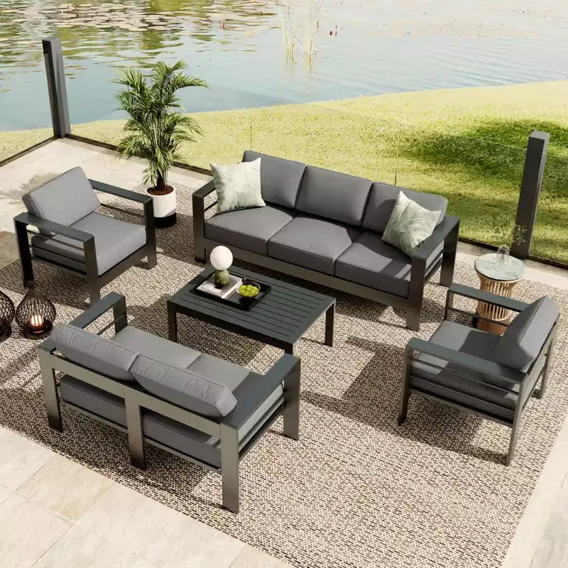 Ensemble de mobilier de patio en aluminium 7 places – Canapé d'angle extérieur 5 pièces avec 4 accoudoirs, 5 coussins épais et table basse – Parfait pour le jardin