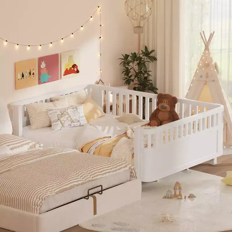 Lit de repos à plateforme en bois ModernLuxe Queen Size avec barrières de sécurité, cadre de lit bas pour enfants