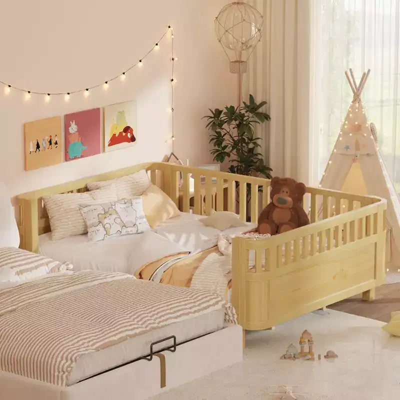 Lit de repos à plateforme en bois ModernLuxe Queen Size avec barrières de sécurité, cadre de lit bas pour enfants