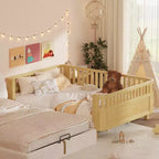 Lit de repos à plateforme en bois ModernLuxe Queen Size avec barrières de sécurité, cadre de lit bas pour enfants