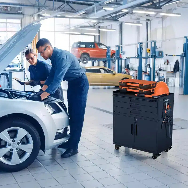 Armoire à outils métallique roulante de 34,3 po, rangement de garage robuste avec portes verrouillables et 3 tiroirs, organisateur d'établi mobile