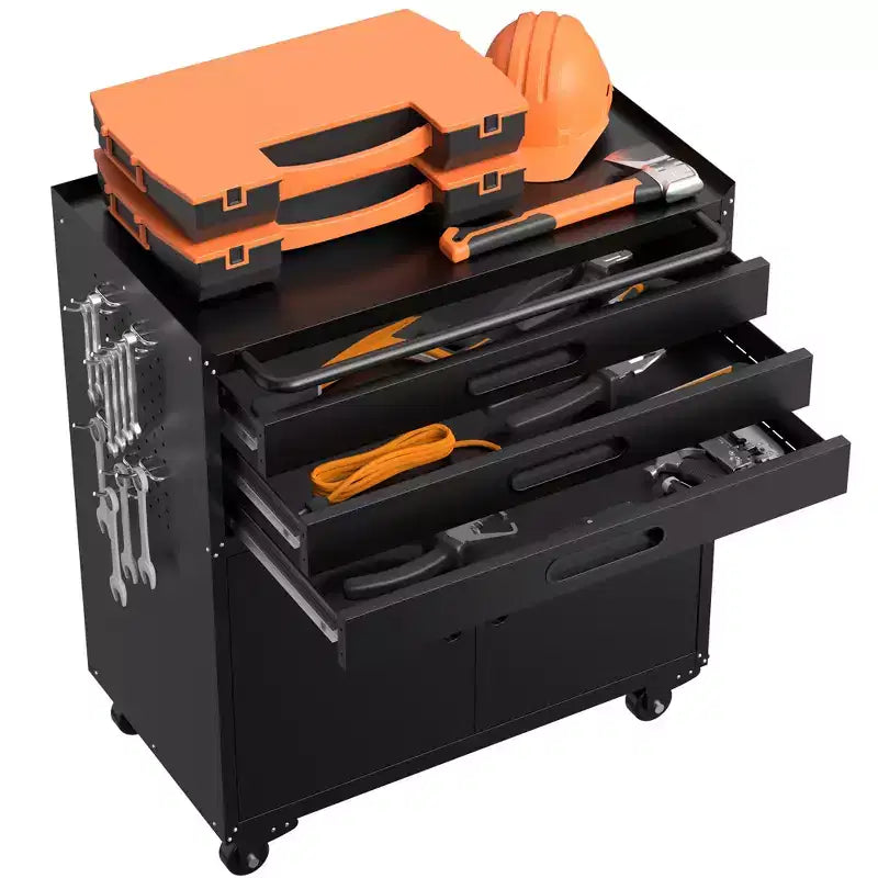 Armoire à outils métallique roulante de 34,3 po, rangement de garage robuste avec portes verrouillables et 3 tiroirs, organisateur d'établi mobile