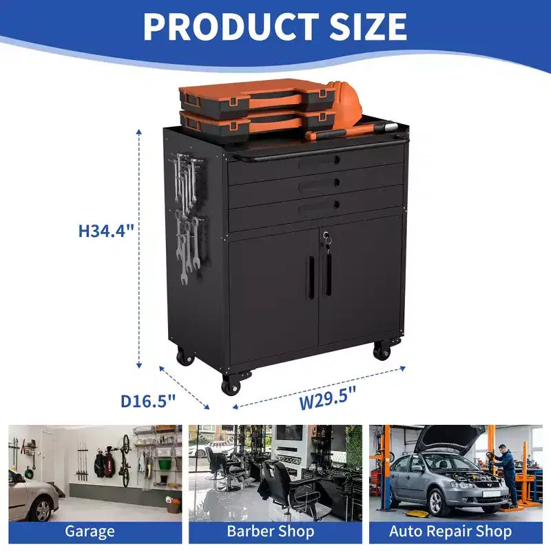 Armoire à outils métallique roulante de 34,3 po, rangement de garage robuste avec portes verrouillables et 3 tiroirs, organisateur d'établi mobile