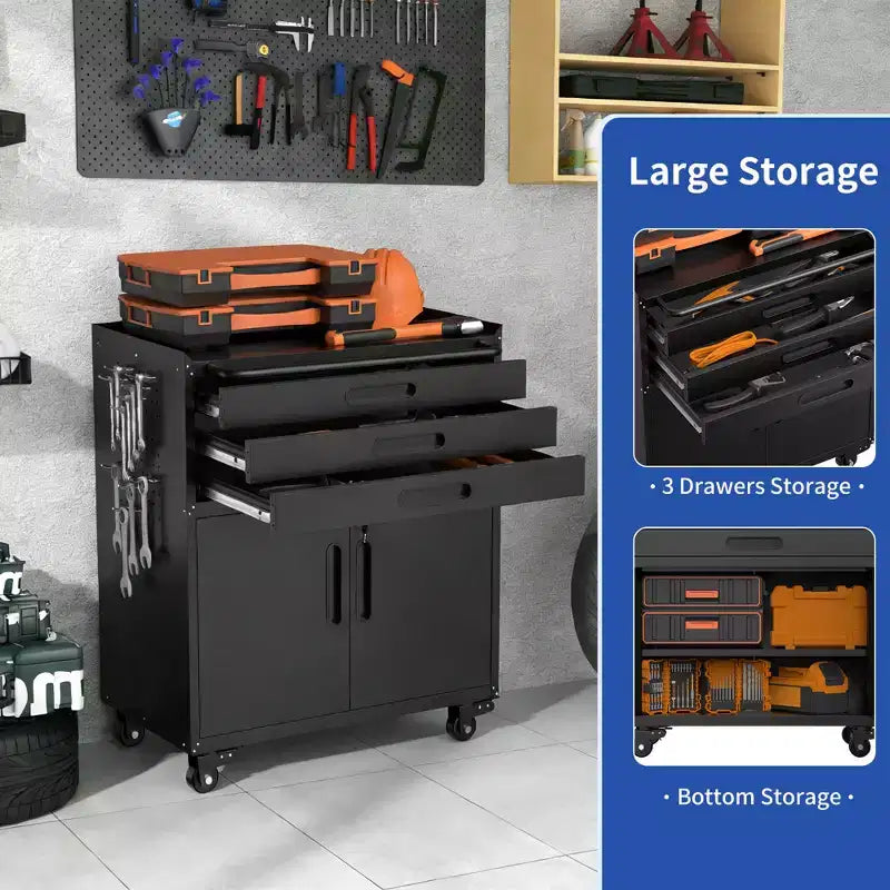 Armoire à outils métallique roulante de 34,3 po, rangement de garage robuste avec portes verrouillables et 3 tiroirs, organisateur d'établi mobile