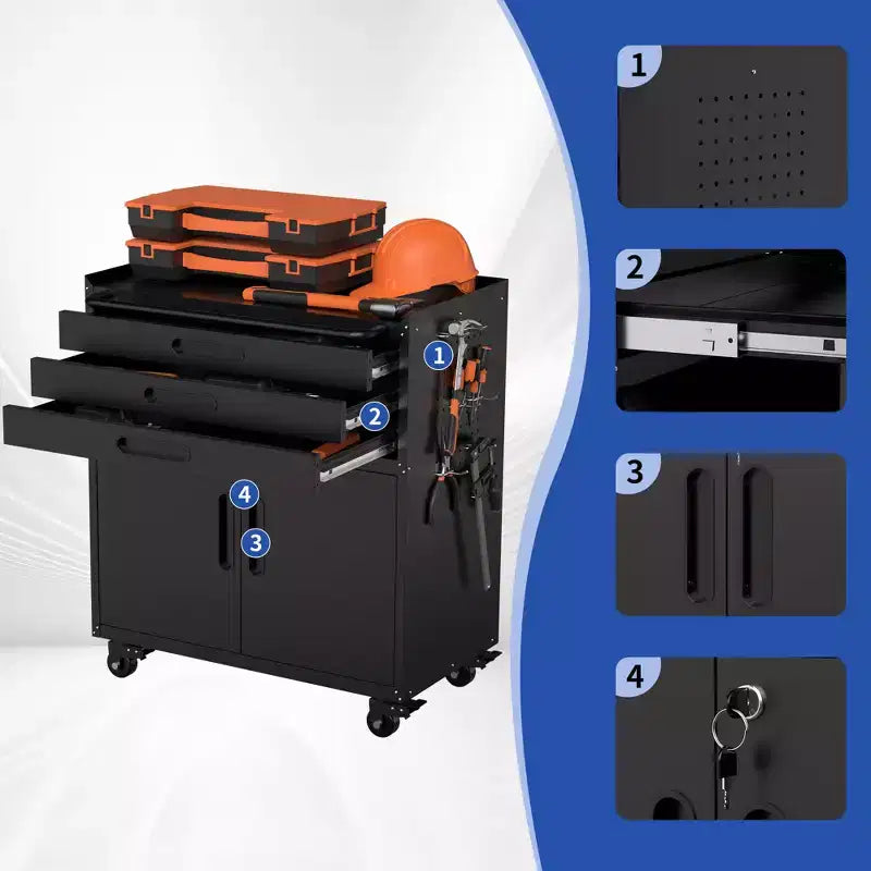 Armoire à outils métallique roulante de 34,3 po, rangement de garage robuste avec portes verrouillables et 3 tiroirs, organisateur d'établi mobile