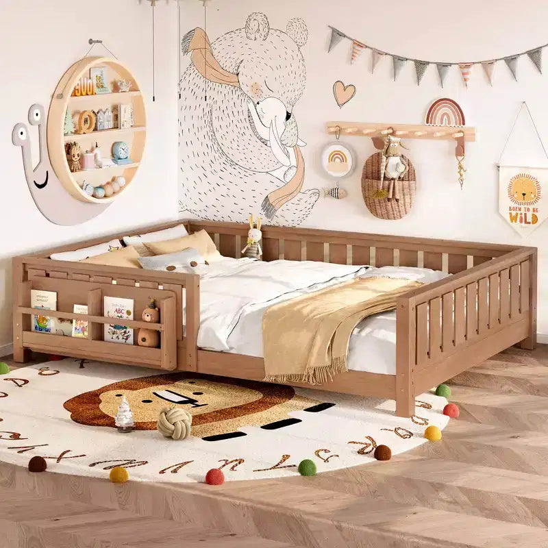 Bellemareau Queen-sized bed, a wooden floor bed with built-in shelves and safety railings, Sturdy Kids' Bedroom, natural color