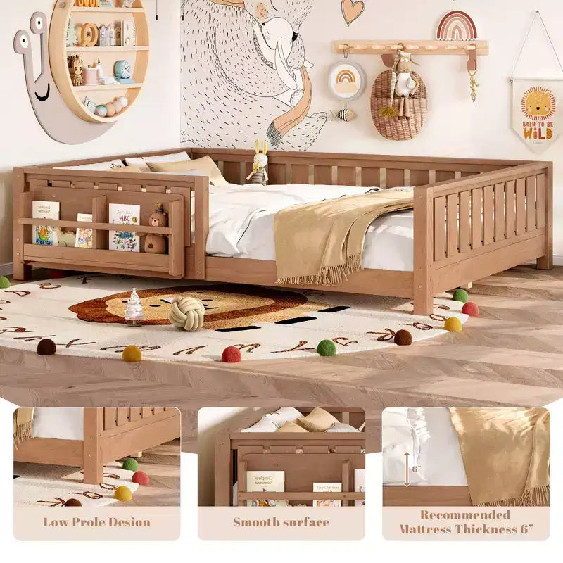 Lit Bellemareau Queen, un lit au sol en bois avec étagères intégrées et barrières de sécurité, chambre d'enfant robuste, couleur naturelle
