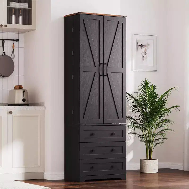 Meuble de rangement haut de cuisine de style campagnard de 72 po avec 2 portes de grange et 3 tiroirs