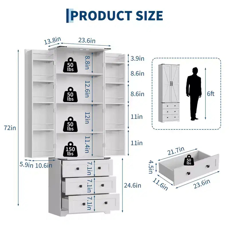 Meuble de rangement haut de cuisine de style campagnard de 72 po avec 2 portes de grange et 3 tiroirs