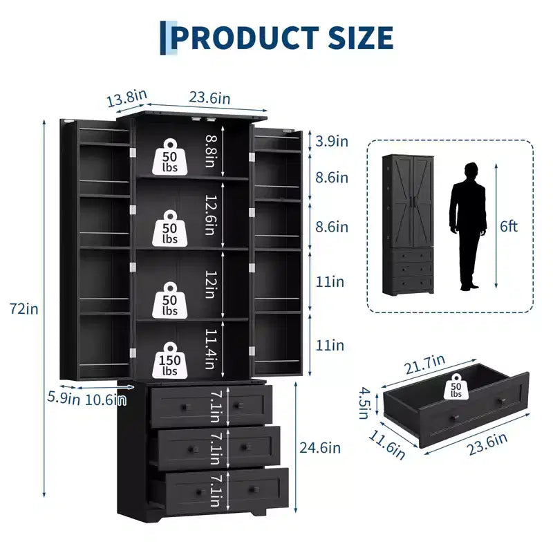 Meuble de rangement haut de cuisine de style campagnard de 72 po avec 2 portes de grange et 3 tiroirs