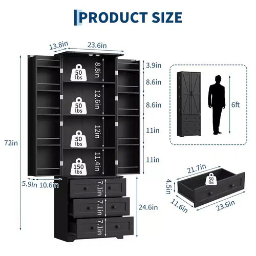 Meuble de rangement haut de cuisine de style campagnard de 72 po avec 2 portes de grange et 3 tiroirs