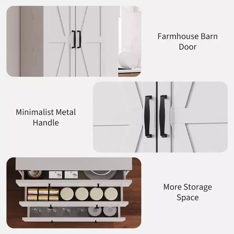 Meuble de rangement haut de cuisine de style campagnard de 72 po avec 2 portes de grange et 3 tiroirs