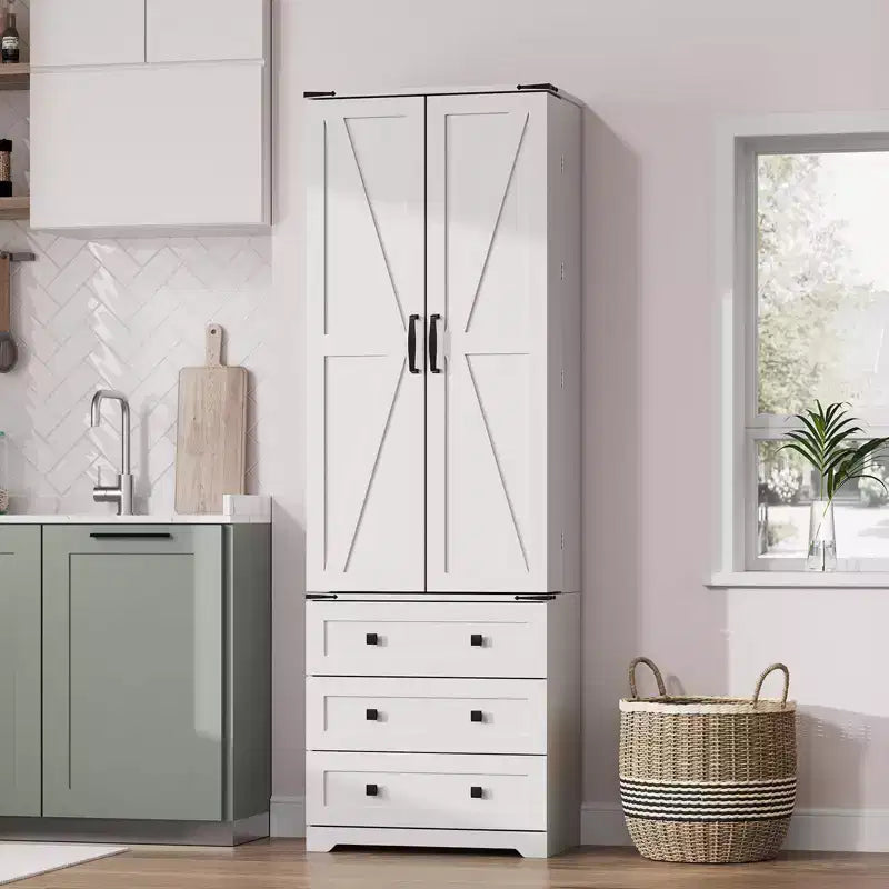 Meuble de rangement haut de cuisine de style campagnard de 72 po avec 2 portes de grange et 3 tiroirs