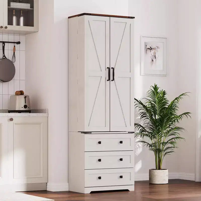 Meuble de rangement haut de cuisine de style campagnard de 72 po avec 2 portes de grange et 3 tiroirs