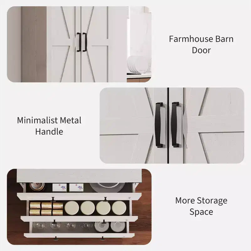 Meuble de rangement haut de cuisine de style campagnard de 72 po avec 2 portes de grange et 3 tiroirs