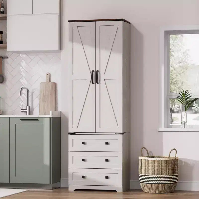 Meuble de rangement haut de cuisine de style campagnard de 72 po avec 2 portes de grange et 3 tiroirs