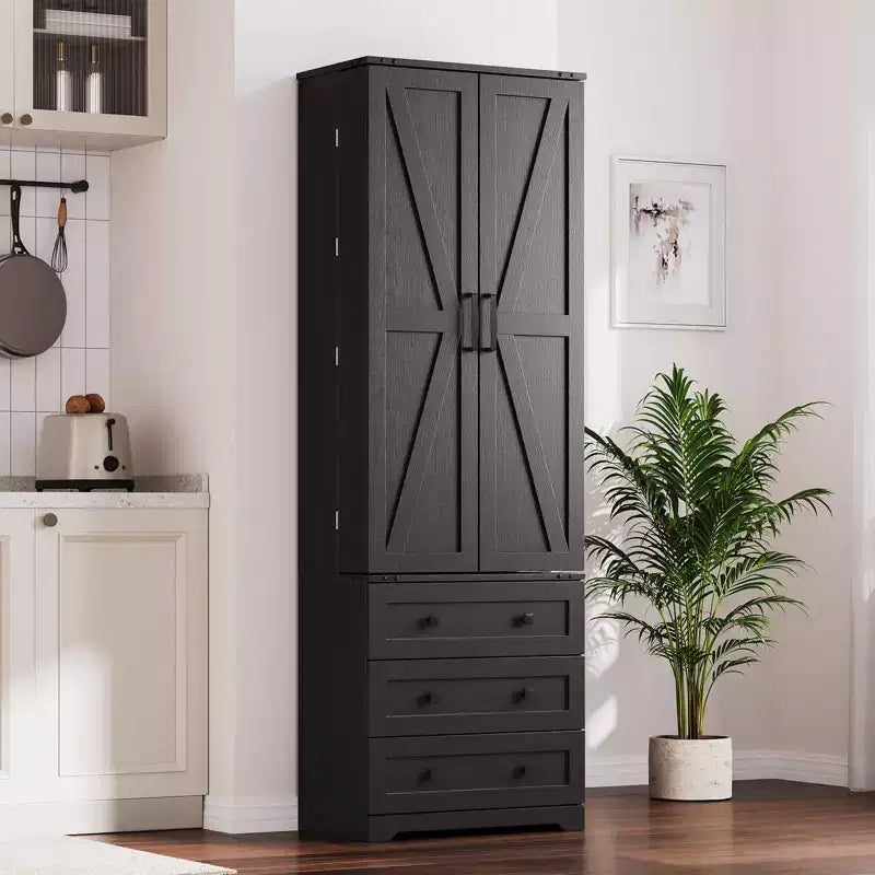 Meuble de rangement haut de cuisine de style campagnard de 72 po avec 2 portes de grange et 3 tiroirs