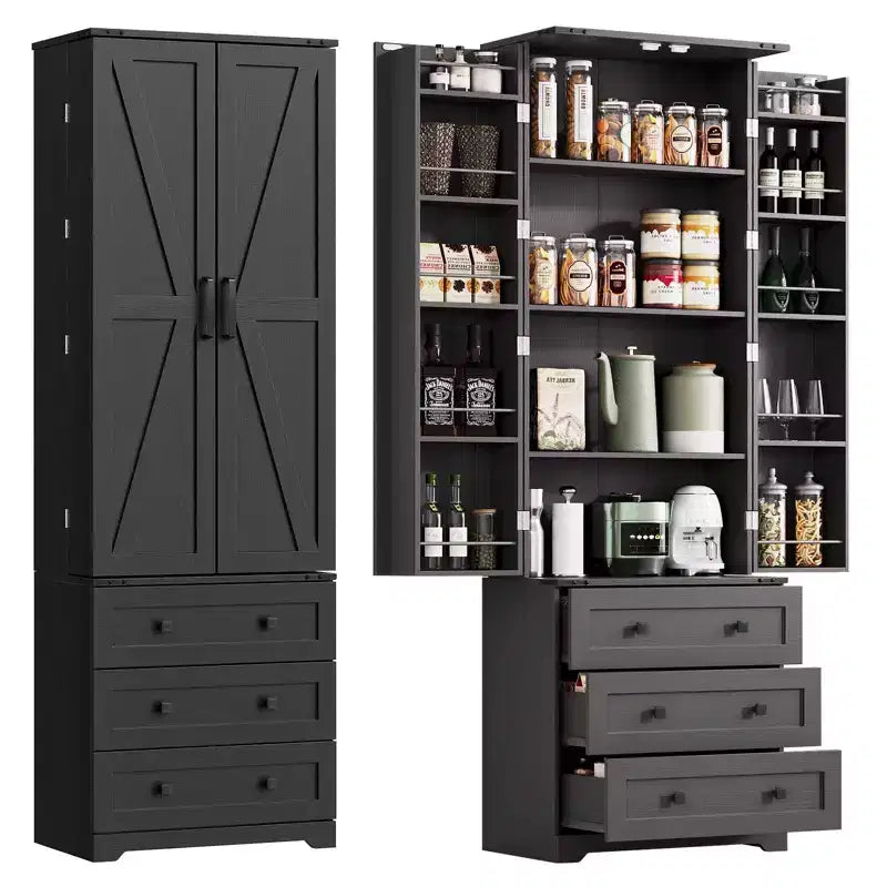 72 Farmhouse Tall Kitchen Pantry Cabinet with 2 Barn Doors & 3 Drawers