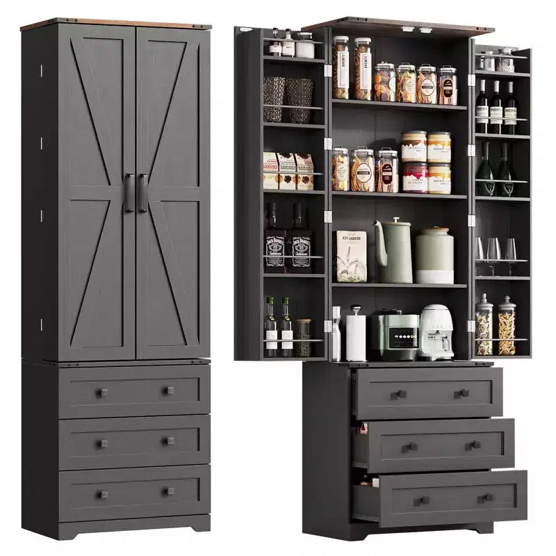 Meuble de rangement haut de cuisine de style campagnard de 72 po avec 2 portes de grange et 3 tiroirs