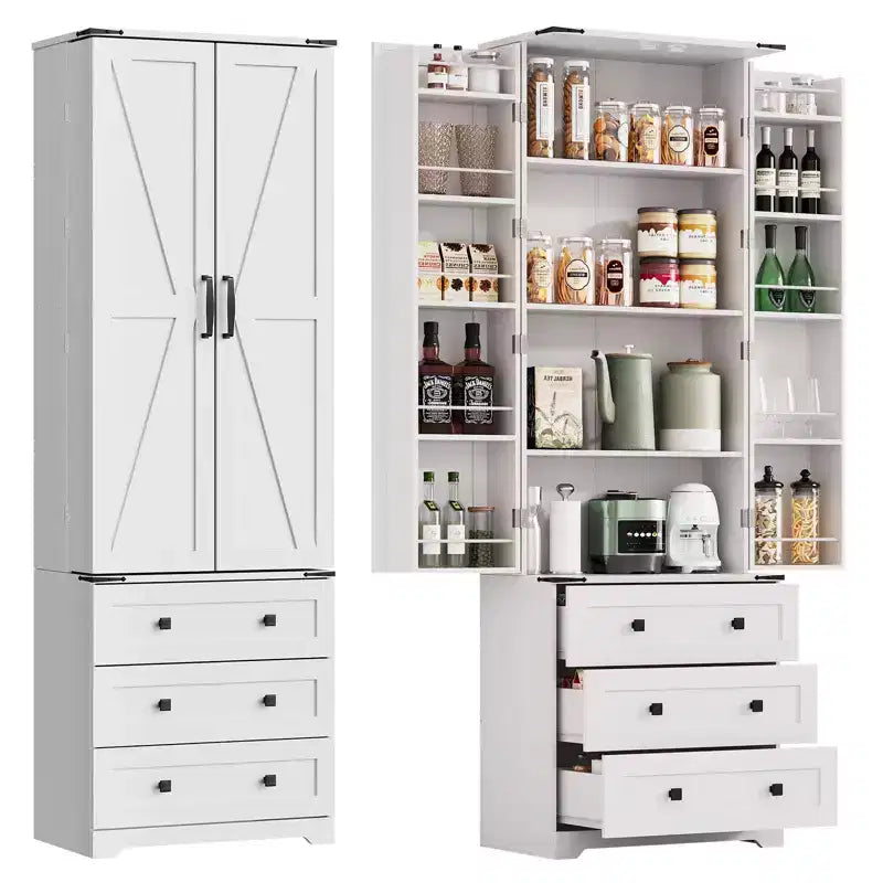 Meuble de rangement haut de cuisine de style campagnard de 72 po avec 2 portes de grange et 3 tiroirs