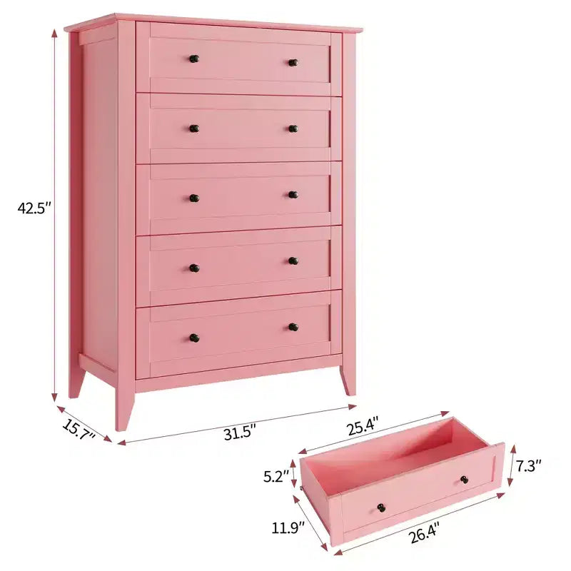 Commode à 5 tiroirs pour chambre à coucher, commode haute moderne avec tiroirs profonds et poignées en métal, commode en bois pour entrée, chambre à coucher