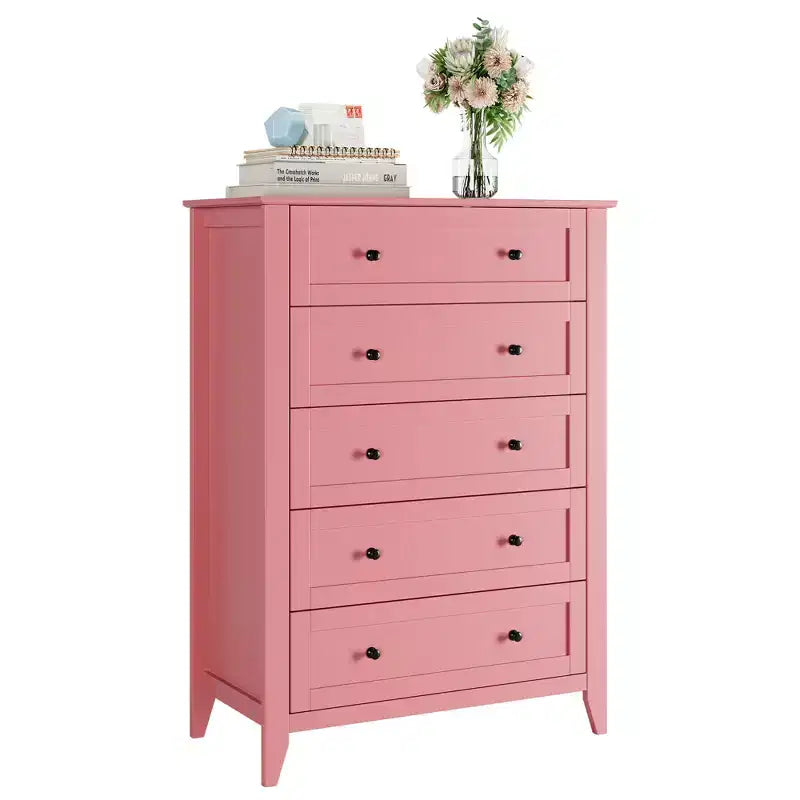 Commode à 5 tiroirs pour chambre à coucher, commode haute moderne avec tiroirs profonds et poignées en métal, commode en bois pour entrée, chambre à coucher