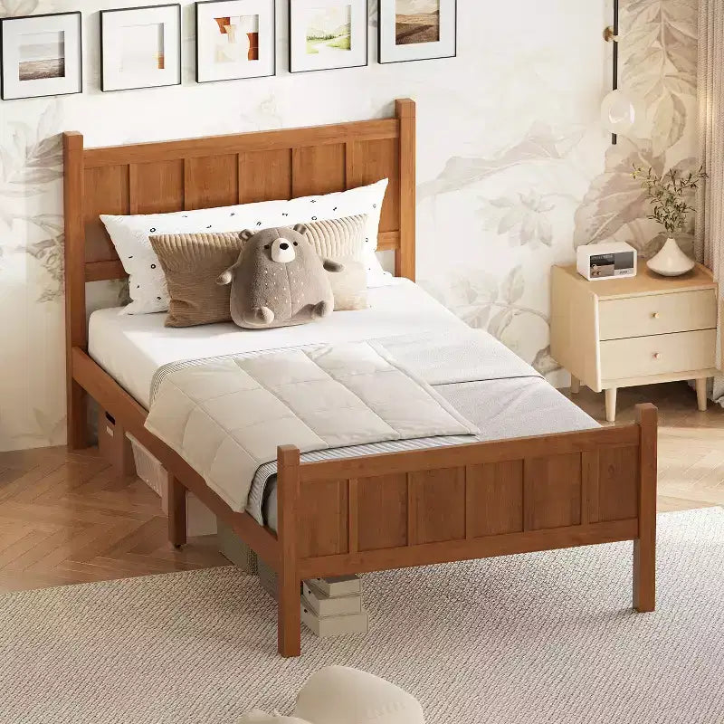 Lit plateforme double FAMYYT avec tête et pied de lit, assemblage facile