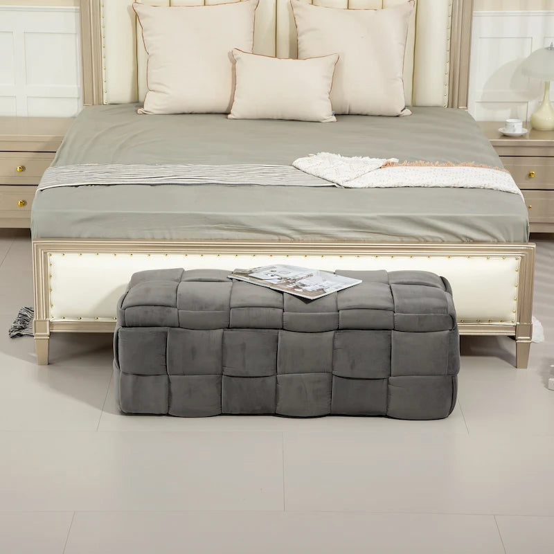 Pouf de rangement en velours avec charnière de sécurité, aucun assemblage requis