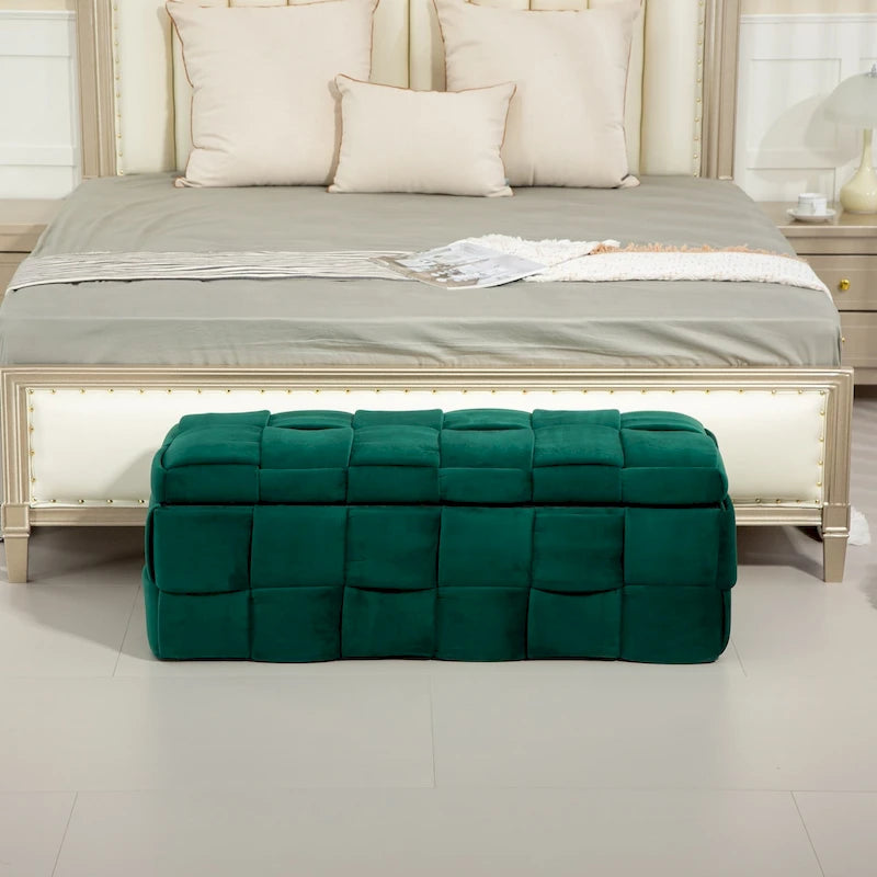 Pouf de rangement en velours avec charnière de sécurité, aucun assemblage requis