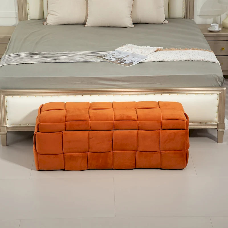 Pouf de rangement en velours avec charnière de sécurité, aucun assemblage requis