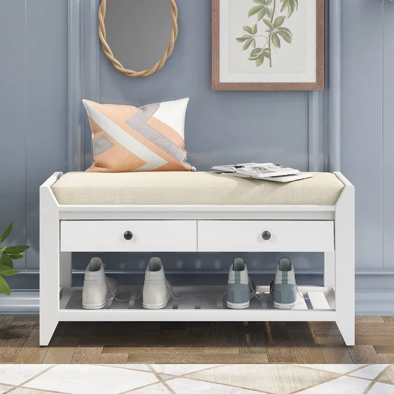 Meuble à chaussures avec assise capitonnée et tiroirs, banc de rangement multifonction pour entrée