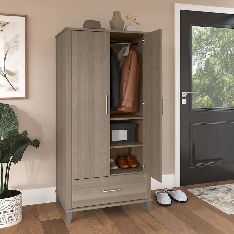Meuble de rangement haut d'entrée de 32" l x 65" H avec portes, tiroir et étagères réglables, 4 finitions
