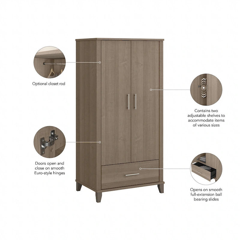 Meuble de rangement haut d'entrée de 32" l x 65" H avec portes, tiroir et étagères réglables, 4 finitions