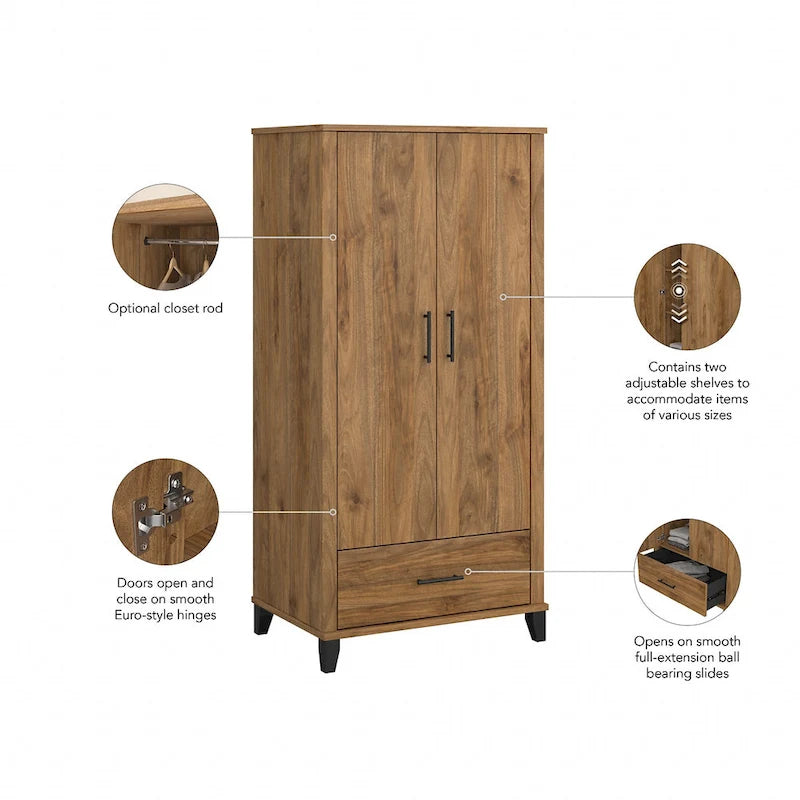 Meuble de rangement haut d'entrée de 32" l x 65" H avec portes, tiroir et étagères réglables, 4 finitions