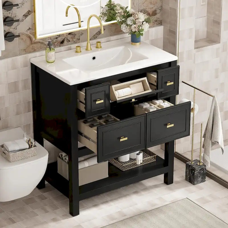 30 Bathroom Vanity with Ceramic Sink Combo, Free Standing Single Vanity Set with 5 Drawers