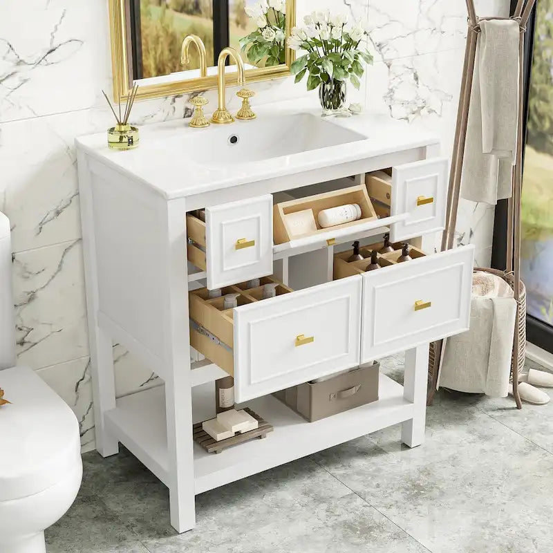 30 Bathroom Vanity with Ceramic Sink Combo, Free Standing Single Vanity Set with 5 Drawers