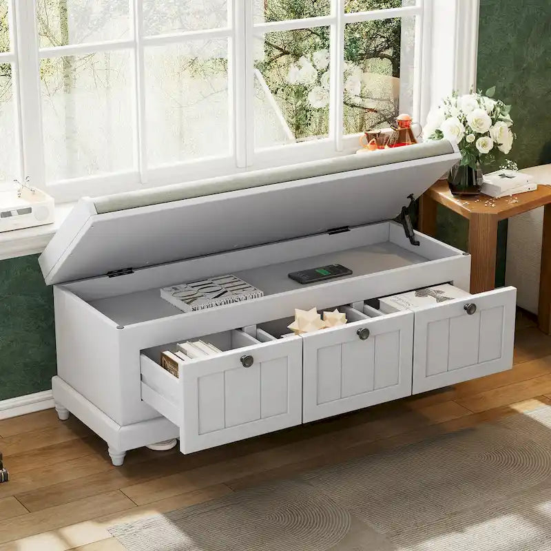 Shoe Bench with Lift Top Cushion Seat & Hidden Space, Entryway Shoe Storage Bench with 3 Drawers, Bedroom End of Bed Bench