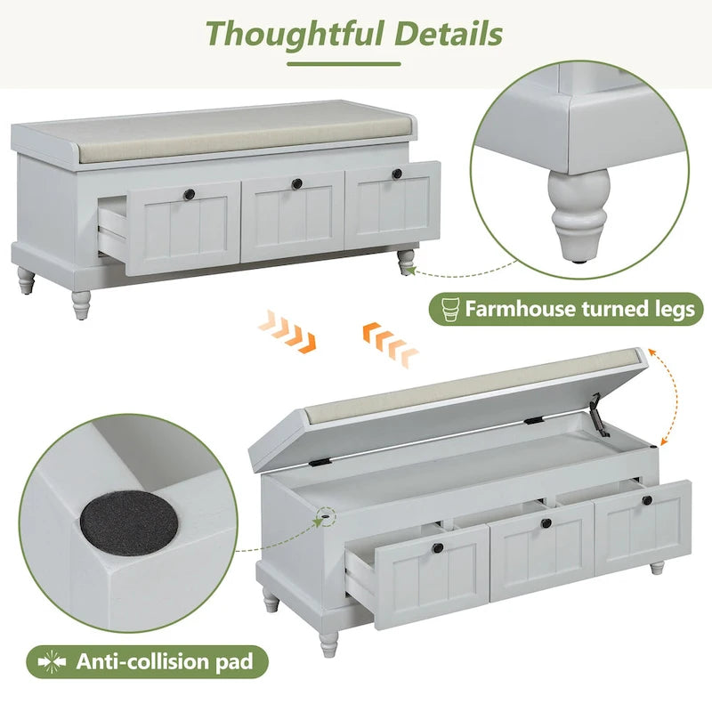 Shoe Bench with Lift Top Cushion Seat & Hidden Space, Entryway Shoe Storage Bench with 3 Drawers, Bedroom End of Bed Bench