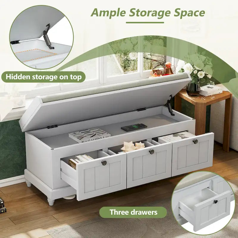 Shoe Bench with Lift Top Cushion Seat & Hidden Space, Entryway Shoe Storage Bench with 3 Drawers, Bedroom End of Bed Bench