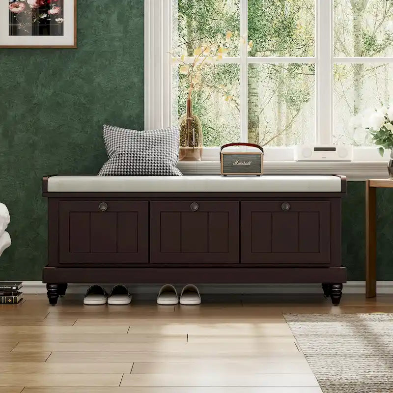 Shoe Bench with Lift Top Cushion Seat & Hidden Space, Entryway Shoe Storage Bench with 3 Drawers, Bedroom End of Bed Bench