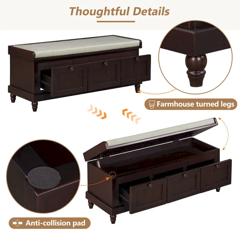 Shoe Bench with Lift Top Cushion Seat & Hidden Space, Entryway Shoe Storage Bench with 3 Drawers, Bedroom End of Bed Bench