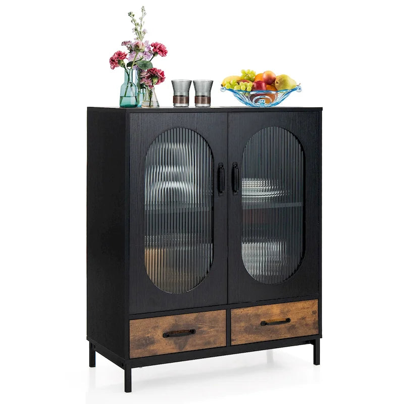 31.5"W Industrial Buffet Sideboard, 2 Drawers, Tempered Glass Doors, Steel Frame, 2 Colors