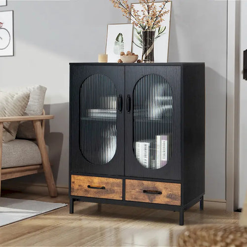 Buffet industriel 80 cm de large, 2 tiroirs, portes en verre trempé, cadre en acier, 2 couleurs