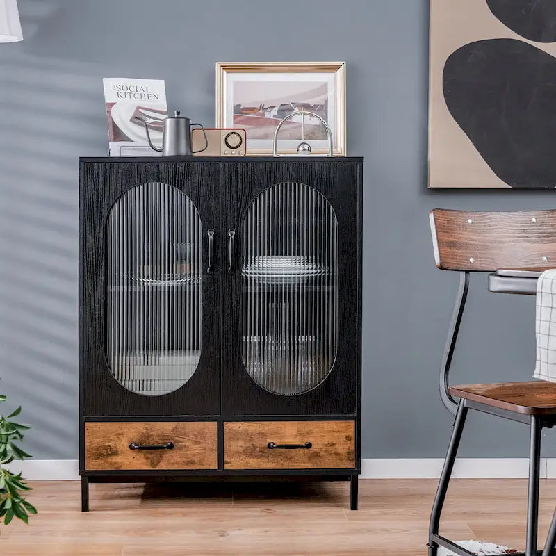 31.5"W Industrial Buffet Sideboard, 2 Drawers, Tempered Glass Doors, Steel Frame, 2 Colors