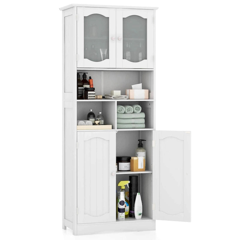 58.5"H Tall Bathroom Storage Cabinet, 2 Frosted Glass Doors, Adjustable Shelves, Black or White