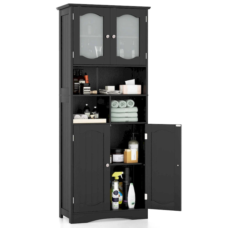 58.5"H Tall Bathroom Storage Cabinet, 2 Frosted Glass Doors, Adjustable Shelves, Black or White