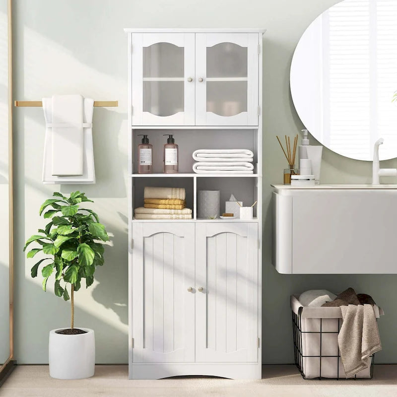 58.5"H Tall Bathroom Storage Cabinet, 2 Frosted Glass Doors, Adjustable Shelves, Black or White