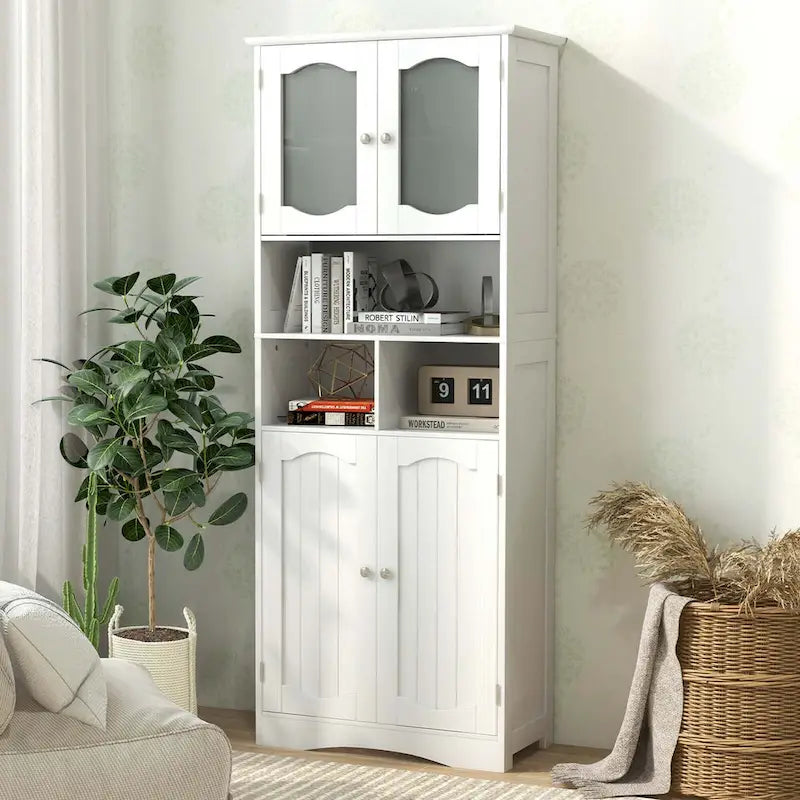 58.5"H Tall Bathroom Storage Cabinet, 2 Frosted Glass Doors, Adjustable Shelves, Black or White