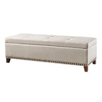 Banc ottoman de rangement en tissu capitonné de 130 cm, garniture cloutée en laiton, charnières à fermeture douce