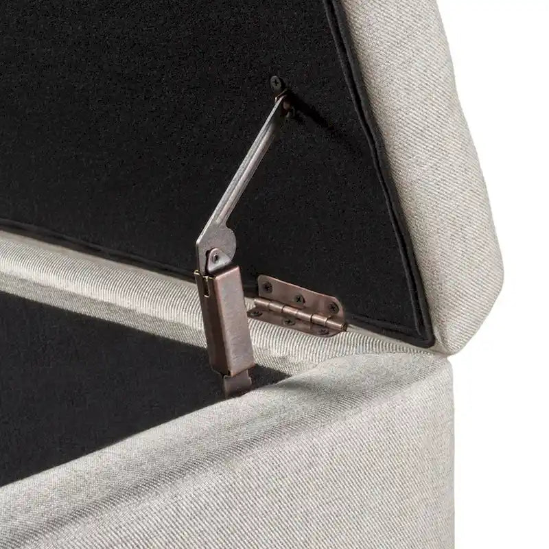 Banc ottoman de rangement en tissu capitonné de 130 cm, garniture cloutée en laiton, charnières à fermeture douce